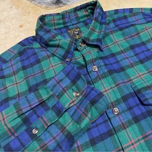 J Crew Shirt Men's L Green & Blue Tartan Plaid Cotton Cashmere Blend Button Down